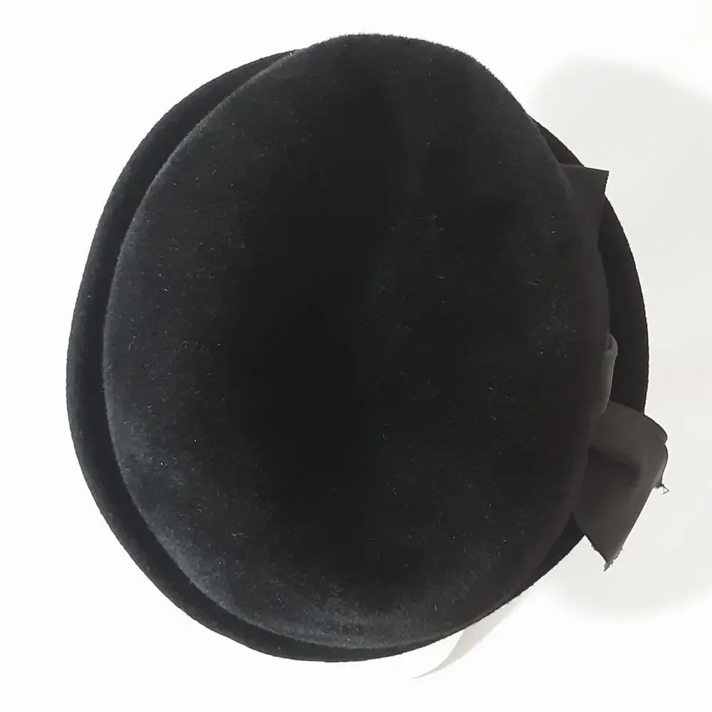 💎Le Charme Black Wool Felt Cloche Hat Asymmetrical Brim Large Side Bow